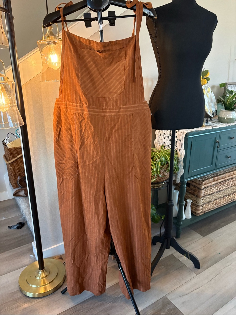 Cider Rust Brown Tie-Shoulder Linen-Blend Jumpsuit